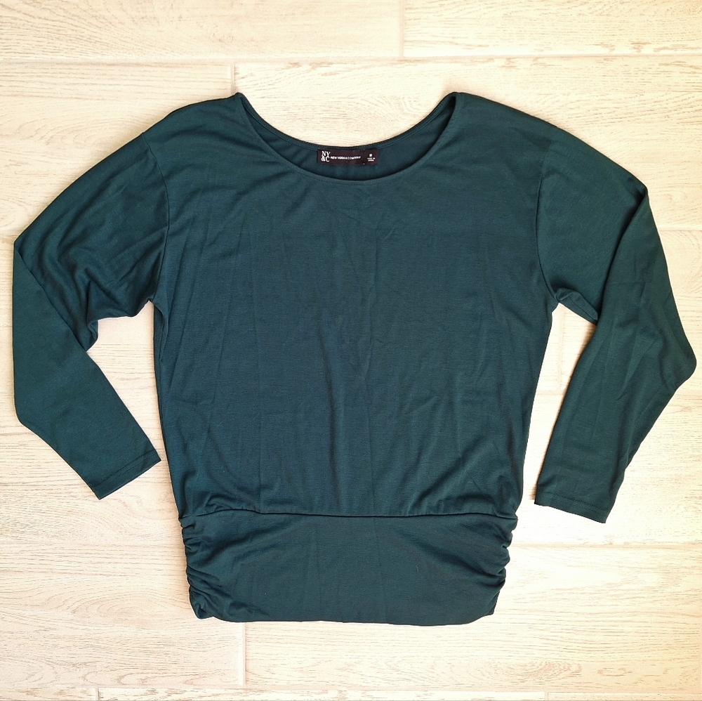 New York & Company Green Scoop Neck Long Sleeve Shirt Ruched Waistband Medium